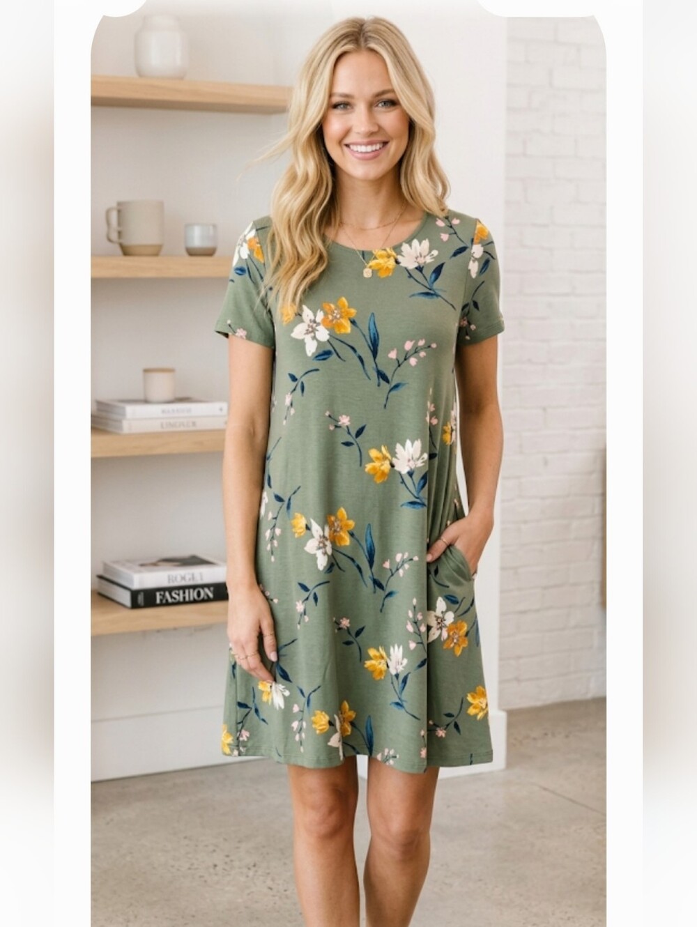 Old Navy Olive Green Floral Short Sleeve Dress